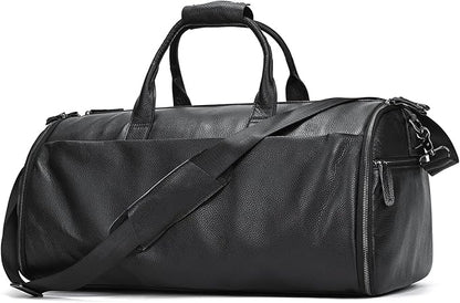 Genuine Leather Garment Bag Large Capacity Travel Bag Business Suit Carrier Bag with Shoe Compartment, Men Women Duffel Bags for Overnight Gym Sports Weekend, Black