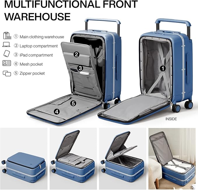 mixi Luggage Suitcases with Spinner Wheels 24'' Travel Luggage wih Front Laptop Pocket, Wide Handle PC Hardshell Suitcase with TSA Lock & Cover, Checked Luggage(Sapphire Blue)