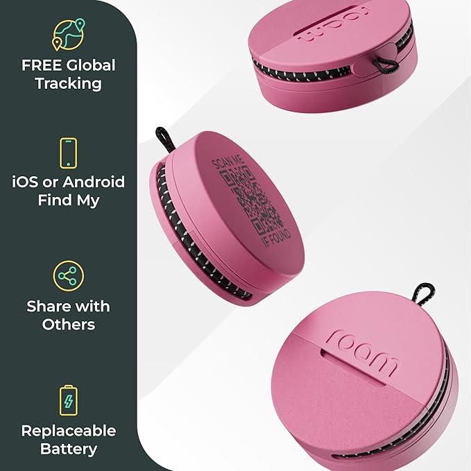 Roam Smart Tracker | Eco-Friendly Travel Tracker with Built-in Elastic Strap | QR Lost & Found, Global Find My Network | Replaceable Battery | No Extra App or Subscription Needed | 2-Pack, Pink
