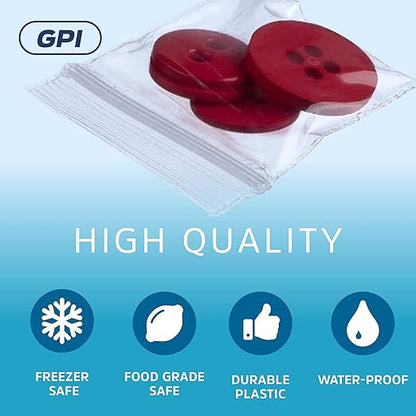 GPI Pack of 500-1" X 1" 2 Mil Thick, Clear Plastic Jewelry Zip Bags, Reclosable Strong & Durable Poly Baggies with Resealable Zip Top Lock for Travel, Storage, Packaging & Shipping.