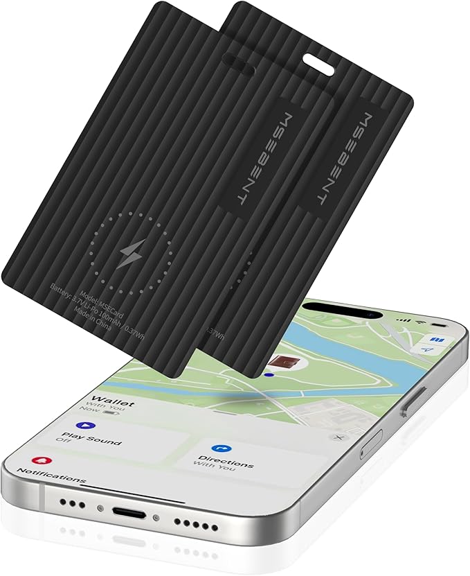 Slim Wallet Tracker Card 2 Pack, [Apple MFi Certified], Wireless Charging Bluetooth Finder, Credit Card Size Locator, IP67 Waterproof, Works with Apple Find My for Wallet, Keys, Bags, iOS Only