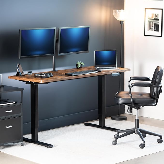 VIVO Electric 60 x 24 in Dual Motor Sit Stand Desk, Memory Height Adjustment, 2B Series, Rustic Vintage Brown Top Black Frame, DESK-KIT-2B6N