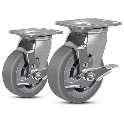 5 Inch Rubber Wheels (Flat Tread)- Heavy Duty Casters, Industrial Caster Wheels- with up to 800 LB Capacity- Use for Dollies, Utility and Maintenance Carts(2 Brake)