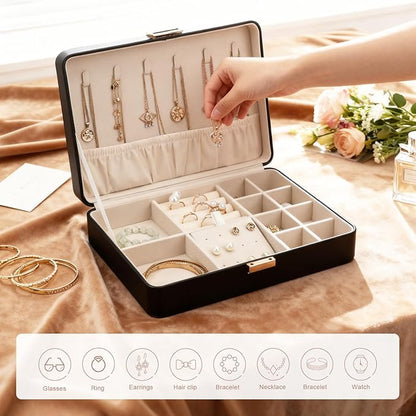 Jewelry Box, Portable Travel Jewelry Case Organizer with Removable Tray for Earrings, Necklaces, Rings Black