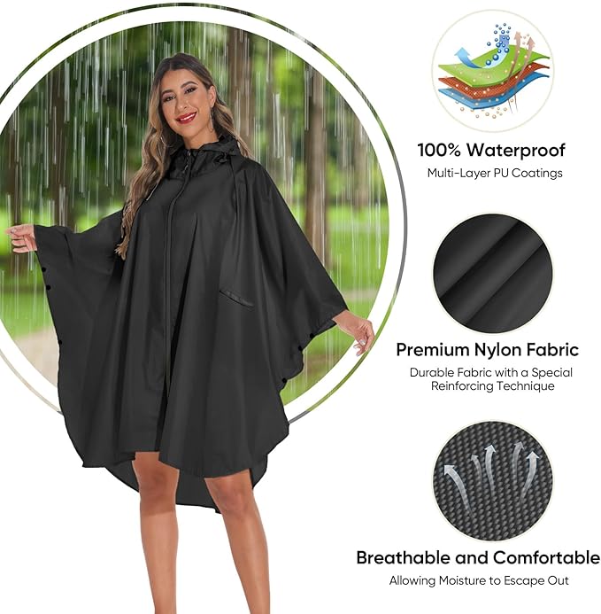 PTEROMY Hooded Rain Poncho for Adult with Pocket and Zipper, Waterproof Lightweight Raincoat for Men and Women