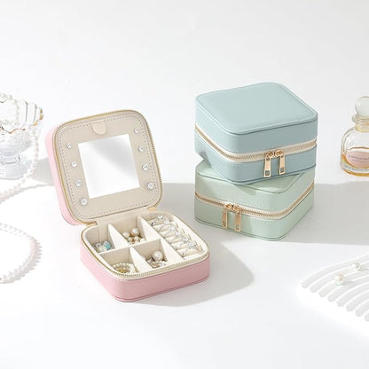 Genuine Leather Travel Jewelry Organizer Case with Mirror for Women, Small Mini Portable Jewelry Box for Ring Earrings Necklace Bracelet Luxury Gift for Women（Black）