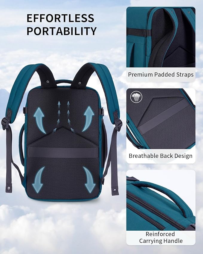ECOHUB 17" Small Travel Backpack, United Airlines Personal Item Bag 17x10x9 with 16 Pockets, Water Resistant Rucksacks Fit 15.6" Laptop, AirTag Pocket, Lightweight Casual Daypack, 25L, Blue Green