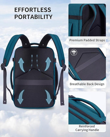 ECOHUB 17" Small Travel Backpack, United Airlines Personal Item Bag 17x10x9 with 16 Pockets, Water Resistant Rucksacks Fit 15.6" Laptop, AirTag Pocket, Lightweight Casual Daypack, 25L, Blue Green