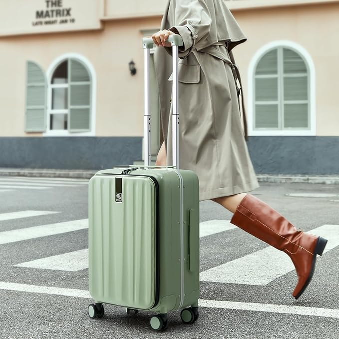 Hanke 24 Inch Checked Luggage PC Hard Shell luggage Top Opening Aluminum Frame Travel Luggage Suitcases with Wheels for Woman Men.(Bamboo Green)