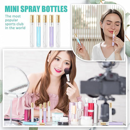 Zhehao 50 Pcs Mini Spray Bottles 10 ml Clear Glass Perfume Bottles Refillable Fine Mist Perfume Atomizer Portable Empty Sample Containers for Cleaning, Essential Oils, Travel (Gold Cap)