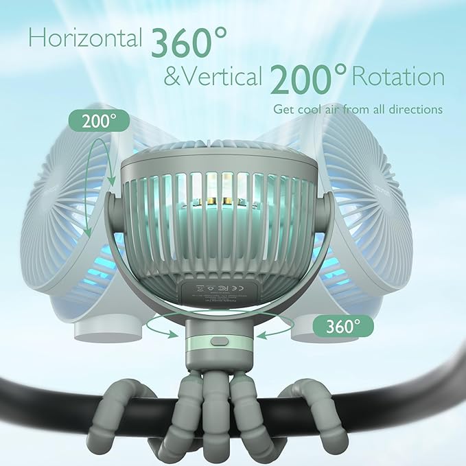 Momcozy Portable Stroller Fan, 8000mAh, 27H Ultra-long Battery Life, Detachable 4 Speed 360°Rotate, LED Night Light with 2 Modes, USB Rechargeable Handheld Cooling Fan for Travel, Car Seat, Bedroom
