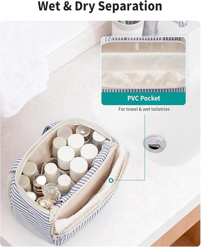 Narwey Large Travel Toiletry Bag, Wide-open Travel Bag for Toiletries, Toiletry Bags for Traveling Women, Cosmetic Make Up Makeup Bag Organizer with Wet Pocket, Skincare Bag (Greyish Blue Stripe)