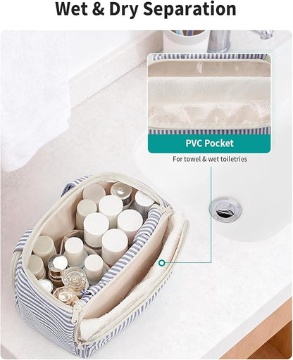 Narwey Large Travel Toiletry Bag, Wide-open Travel Bag for Toiletries, Toiletry Bags for Traveling Women, Cosmetic Make Up Makeup Bag Organizer with Wet Pocket, Skincare Bag (Greyish Blue Stripe)