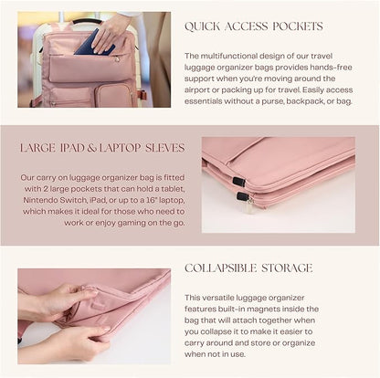BAREFOOT CARIBOU Over Luggage Organizer for Carry On Bag or Suitcase with Storage Pockets, 16” Laptop Sleeve with Handle, Travel Accessories Bag Slide On Luggage Harness with Adjustable Straps (Pink)