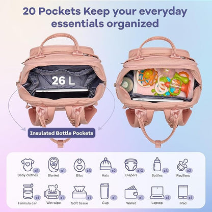 RUVALINO Diaper Bag Backpack, Multifunction Travel Pack Maternity Baby Changing Bags, Large Capacity, Waterproof, Pink