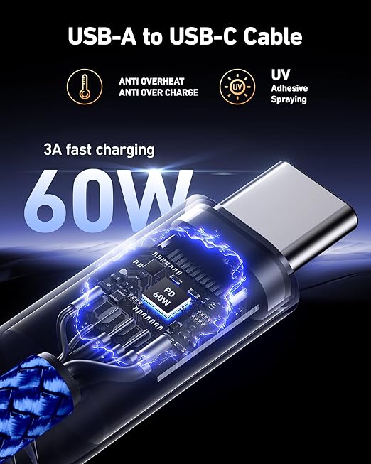 USB C to C Cable 60W, 10FT Long USB Type C Fast Charging Cable for Car Durable Braided iPhone USB C Charger Cable USBC to USBC Cord for iPhone 17/16/15/Pro Max/Plus, Samsung Galaxy and More-Blue