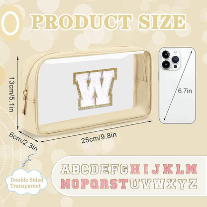 Small Clear Personalized Initial Makeup Bag, Preppy A-Z Chenille Letter Patch Cosmetic Bag, Cute Transparent Nylon Waterproof Zipper Beach Varsity Letter Pouch, Gift for Women Girls(Beige-White W)