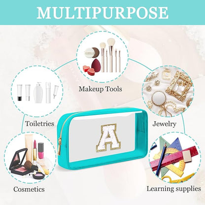 Small Clear Personalized Initial Makeup Bag,Nylon Preppy A-Z Chenille Letter Patch Cosmetic Pouch Beach Toiletry Bag,Waterproof Zipper Travel Purse Storage Bag Organizer for Women Girls(Cyan-White A)