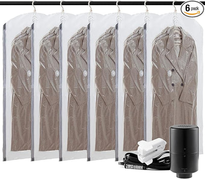 TAILI Hanging Vacuum Sealer Suction Space Saver Storage Bags for Clothes with Electric Air Pump And Rolling Slide Clip for Coats, Closet Organizers, 6 Long