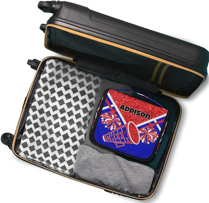 Customized Travel Cheer Hanging Toiletry Bag for Women, Waterproof Large Cosmetic Bag Makeup Cosmetic Organizer Case Bag, Red Glitters Royal Blue