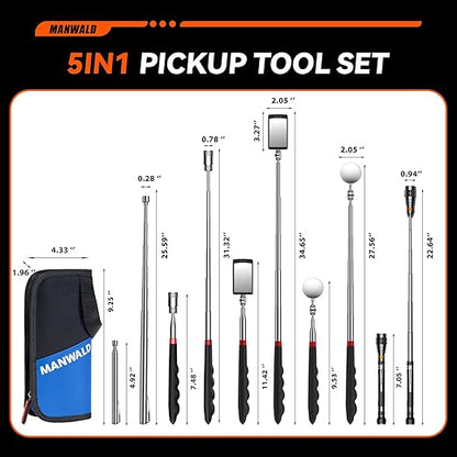 Telescoping Magnetic Pickup Tool Set with Portable Bag, Extendable Flashlight with 360° Inspection Mirror, Christmas Stocking Stuffers for Men Adults, Gifts for Men Mechanics, and Handymen, Blue