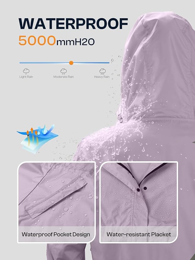 SaphiRose Women's Lightweight Long Rain Jacket Packable Raincoat Hooded Outdoor Trench Coats