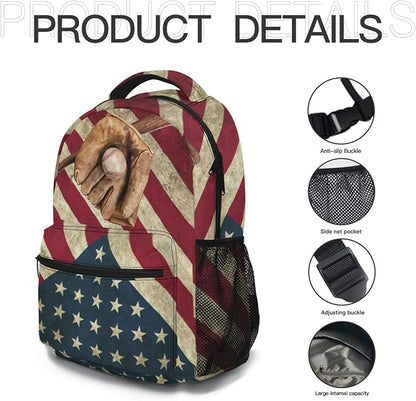 American Flag Baseball Print Backpack, Laptop Backpack with Multiple Pockets for Adult Hiking Travel Work 17 Inch