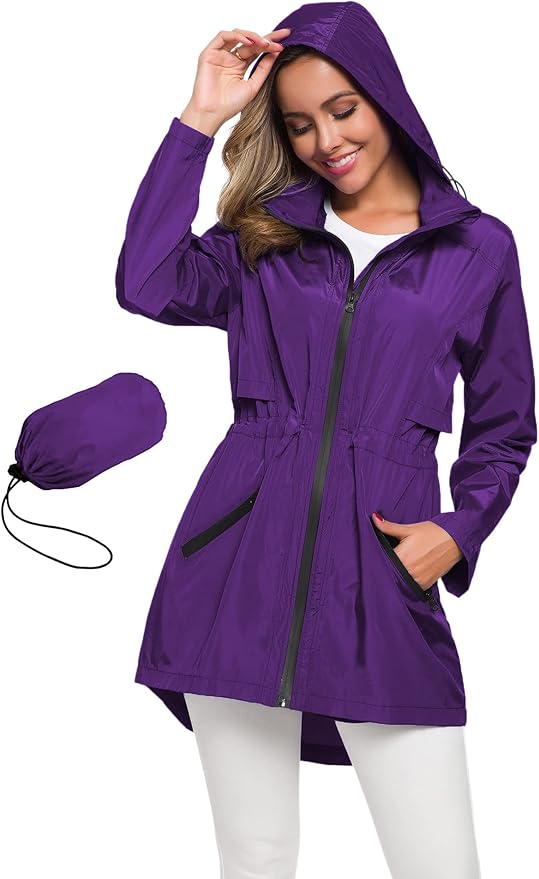 Avoogue Women's Long Raincoat with Hood Outdoor Lightweight Windbreaker Rain Jacket Waterproof