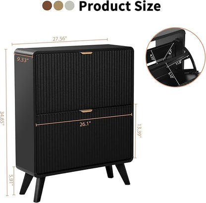 RARZOE Fluted Shoe Storage Cabinet with 2 Flip Drawers, Narrow Curved Shoe Cabinet for Entryway, Freestanding Wood Hidden Shoe Organizer Closed Shoe Rack Cabinet for Foyer, Hallway (27.5''Black)