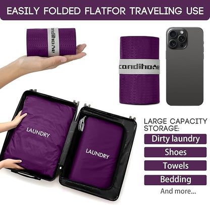 Travel Laundry Bag (2 Pcs - Large + Medium) - Foldable Waterproof Washable Wet Dry Bag for Gym, Swimming, Yoga, and Workout Perfect for Dirty Clothes, Bathing Suits, Travel Accessories (Purple)