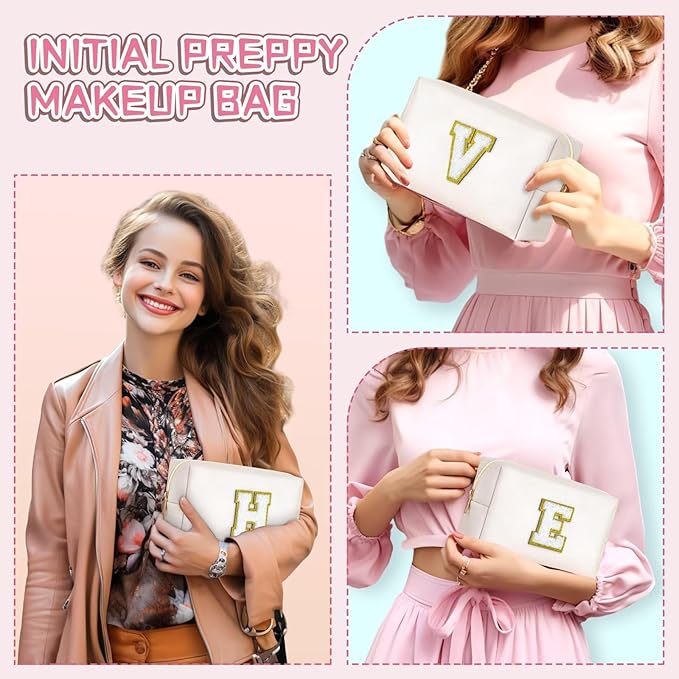 TOPEAST Initial Makeup Bag, Personalized Initial Bags with Zipper, Cute Makeup Pouch, PU Leather Waterproof Cosmetic Bag, Birthday Gift for Women, Preppy Things for Girls (White A)
