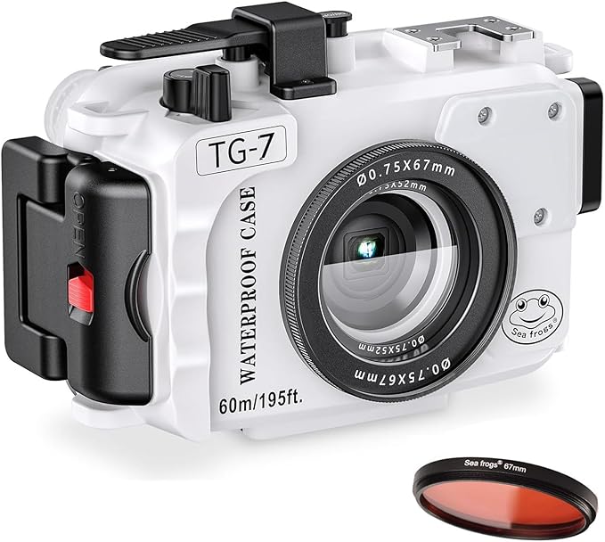Sea frogs Camera Housing Compatible with Olympus TG7, with Red Filter, Waterproof IPX8 Rated, 60m/197ft Depth Protection Underwater Camera Case, White