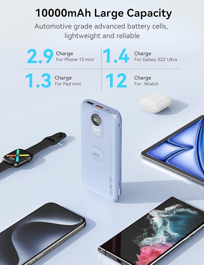 Portable Charger, 10000mAh 22.5W Fast Charging Power Bank with Built in Cable & Wall Plug, Travel Essential Battery Pack with LED Display, External Charger for iPhone 17/16, iWatch 11/10/9/8/Ultra/SE