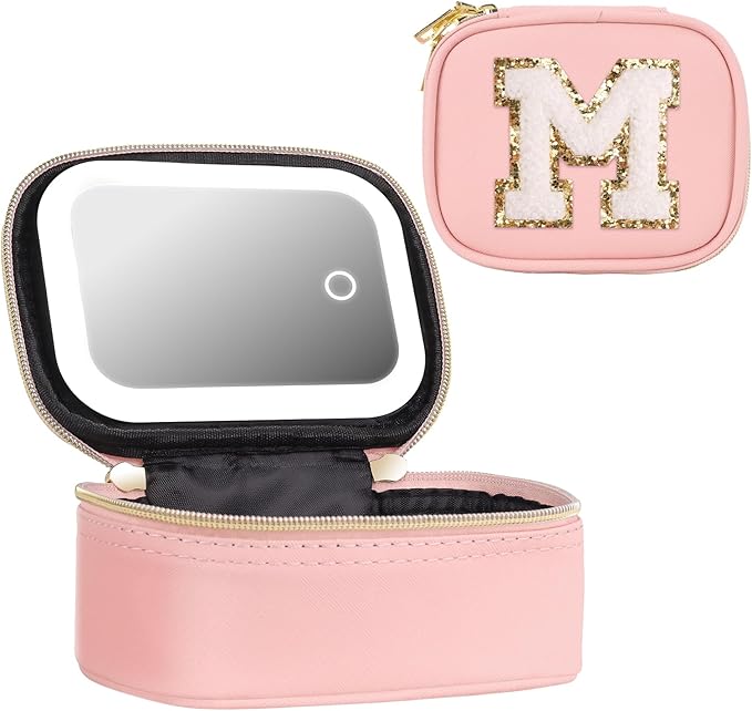 Mini Initial Makeup Bag With Led Mirror With Lights Gifts For Women Girls, Small Makeup Box For Travel Gift, Cosmetic Bag Make Up Organizer Personalized Bags Birthday Christmas Gifts For Women (M)