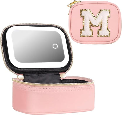 Mini Initial Makeup Bag With Led Mirror With Lights Gifts For Women Girls, Small Makeup Box For Travel Gift, Cosmetic Bag Make Up Organizer Personalized Bags Birthday Christmas Gifts For Women (M)