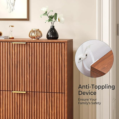 31.5''W Walnut Shoe Storage Cabinet for Entryway with 2 Flip Drawers, Narrow Wood Fluted Shoe Rack Cabinet,Freestanding Slim Shoe Organizer Cabinet for Foyer, Hallway