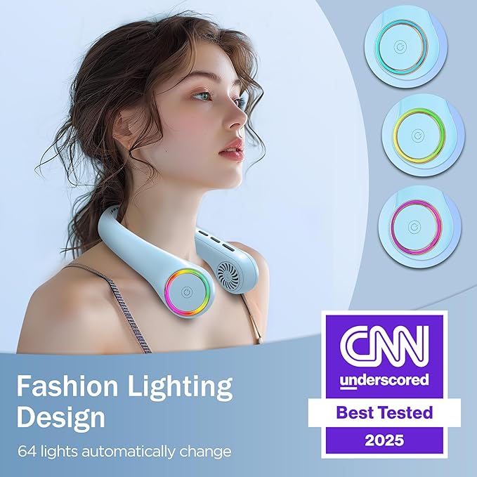 Portable Neck Fan, Personal Fan with 4000mAh Battery, Rechargeable Neck Fan with 3 Speeds and 64 Cool Lights, Birthday Gifts for Men Women Mom Dad, Hands Free Cooling fan for Summer(Blue)