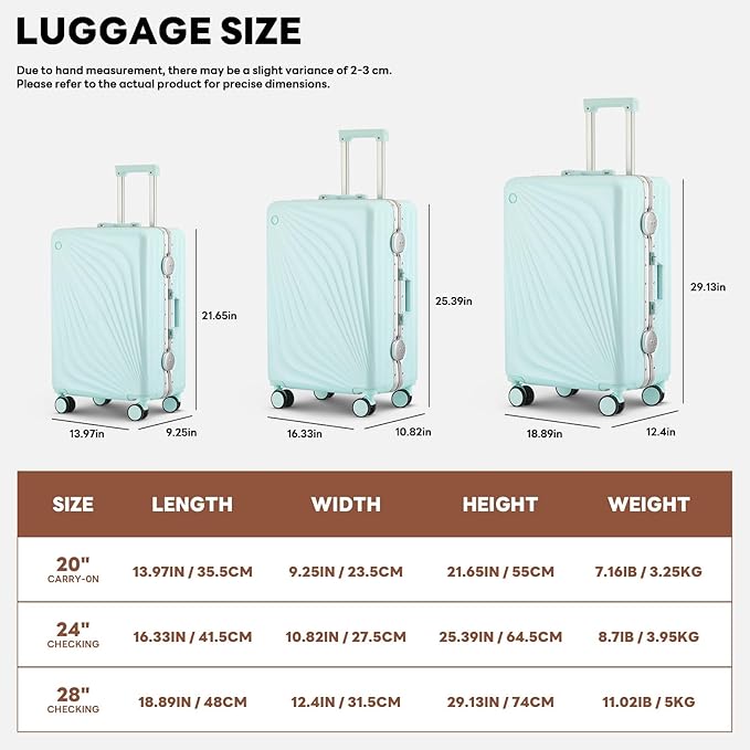 3-Piece Hardside Luggage Sets Aluminum Frame, 20+24+28 Inch Suitcases with USB Charging Port, Foldable Cup Holder, TSA Locks & Spinner Wheels for Travel, Mint Green