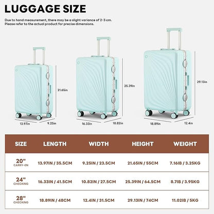 3-Piece Hardside Luggage Sets Aluminum Frame, 20+24+28 Inch Suitcases with USB Charging Port, Foldable Cup Holder, TSA Locks & Spinner Wheels for Travel, Mint Green