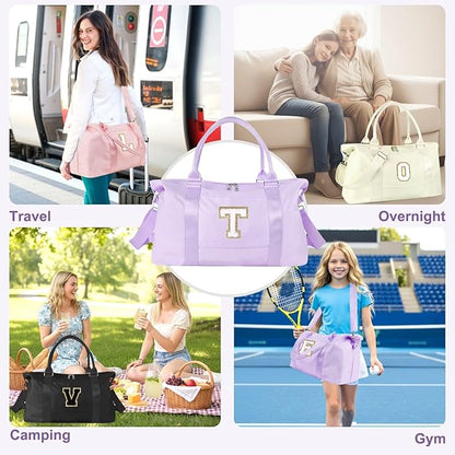 Dance Gym Duffel Bag for Teen Girls, Personalized Initial Travel Weekender Bag,Cute Overnight Carry On Duffle for Women,Sports Travel Cheer Bag,Monogram Christmas Gifts for Tween Preppy(purple-T)