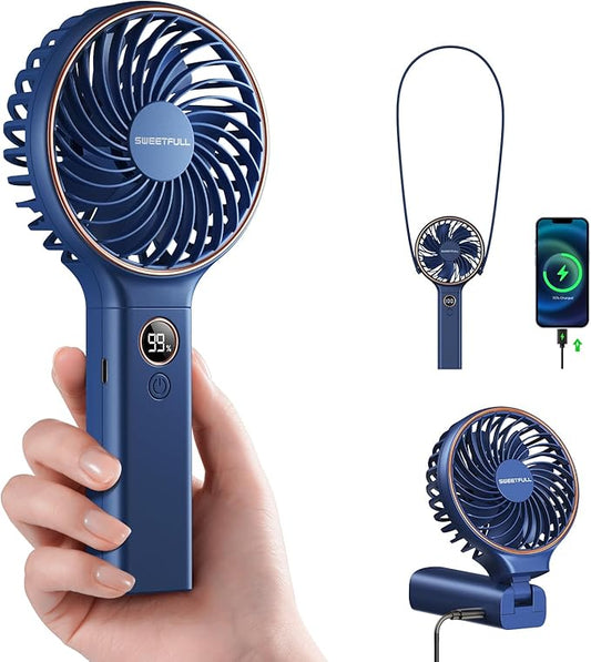 SWEETFULL Handheld Portable Fan, 5000mAh Rechargeable Battery, 6 Speed Wind, LED Digital Display, Foldable Electric Personal Mini Travel Fan with Backup Power, Summer Essentials Gifts for Women Girl