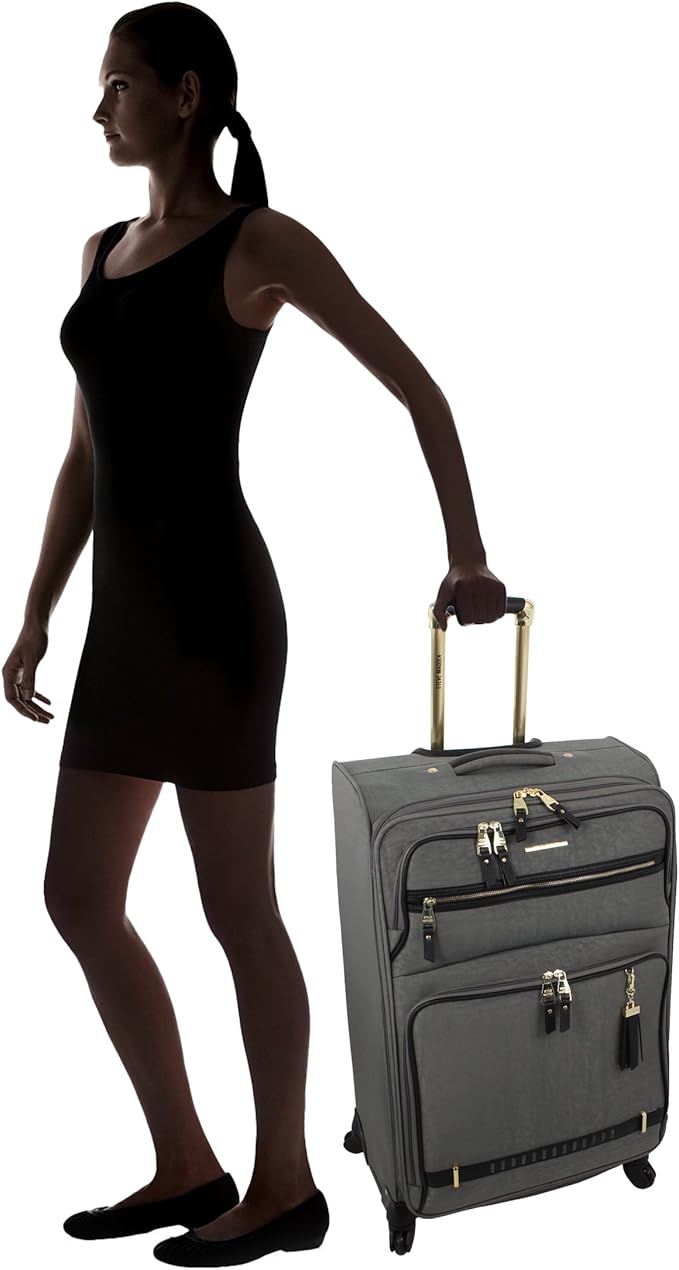 Steve Madden Designer Luggage - Checked Large 28 Inch Softside Suitcase - Expandable for Extra Packing Capacity - Lightweight Bag with Rolling Spinner Wheels (Peek-A-Boo Grey)