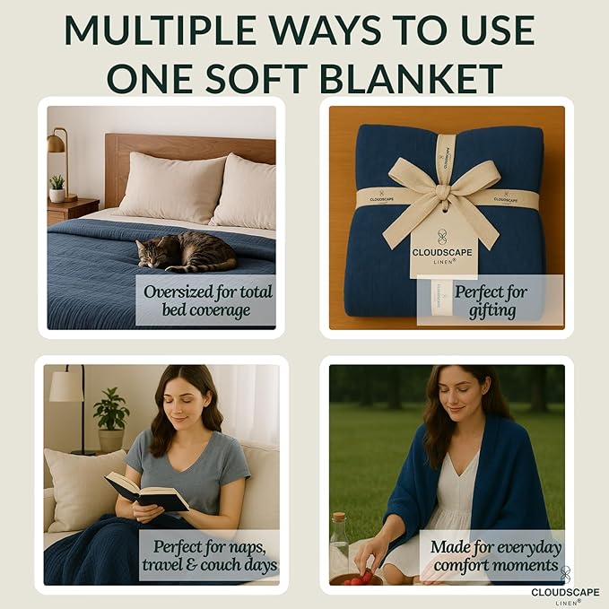 Cloud Scape Linen Extra Large 8 Layer Muslin Throw Blanket - 100% Cotton Gauze, Soft and Breathable, Winter Blanket for Couch, Sofa and Bed, Idea, 50x70, Ensign Blue