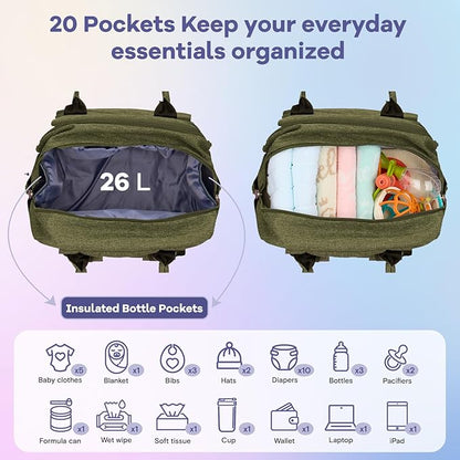 RUVALINO Diaper Bag Backpack, Multifunction Travel Pack Maternity Baby Changing Bags, Large Capacity, Waterproof, Olive Green