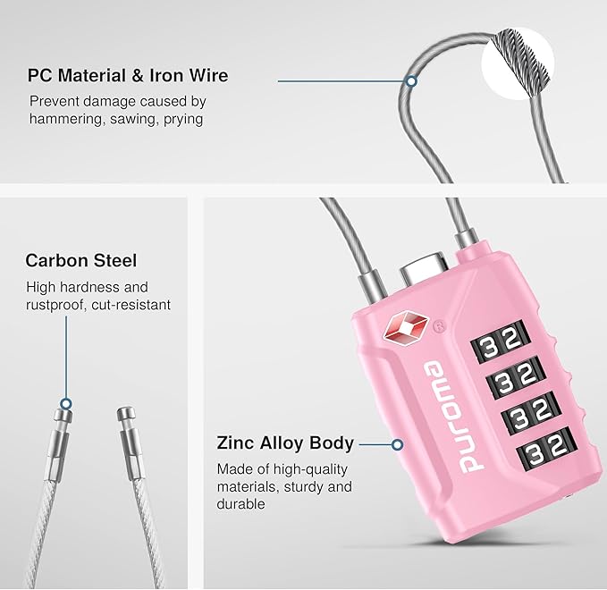 Puroma 2 Pack TSA Approved Luggage Locks, 4 Digit Combination Travel Locks Resettable Code Lock with Zinc Alloy Body for Suitcase, Toolbox, Backpack, Bag, Gym Locker (Basic Pink)