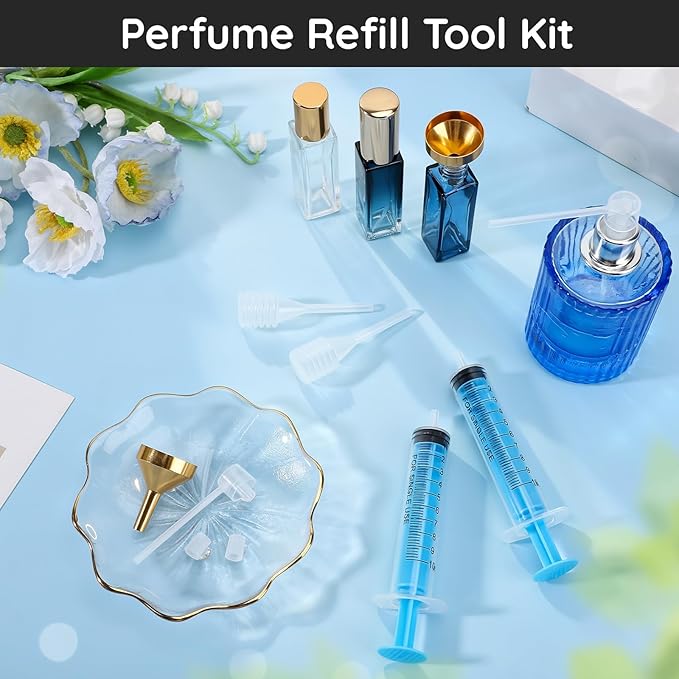 Segbeauty 8pcs 0.34oz Perfume Refill Pump Funnel Tools Dispenser Transfer Kit, 10ml Plastic Blue Perfume Decanter Kit with Extractor for Spray Bottle Refillable for Women, Cologne Making Tool for Men