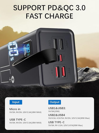 Portable Charger Power Bank, PD 30w & QC 3.0 Fast Charging Battery Pack, 70000mah Powerbank 5 Outputs 2 Inputs Compatible with iPhone 17/16/15/14/13/12 and More