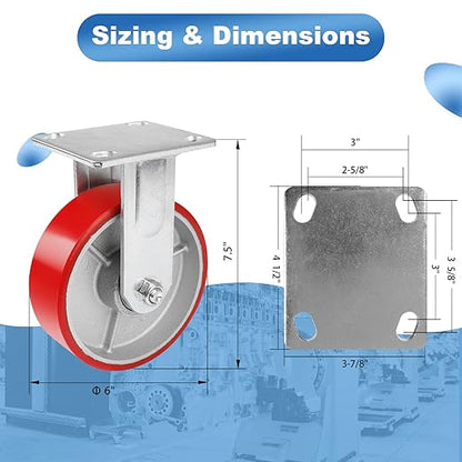 Nefish 6 Inch Industrial Fix Casters Heavy Duty No Noise Polyurethane Wheel on Steel Hub, 1200 Lbs Load Capacity Per Rigid Casters for Utility Cart, Dollies (2 Pack)