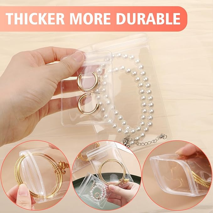 50 Zippered Plastic Jewelry Bags,Small(2.5"x3")and Large(3.5"x5"),Thicker PVC Anti-Tarnish Jewelry Bags Clear Plastic for Gold,Silver,Collectibles,Jewelry Packaging for Business,Travel,Organizing