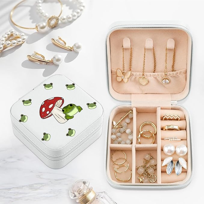 MAYCARI Jewelry Box with Cute Mushroom Frog Pattern Design, PU Leather Jewelry Travel Organizer Case-Rings/Earrings/Necklace Storage Box for Women Birthday Mom Friends Her Bridesmaids Girls s